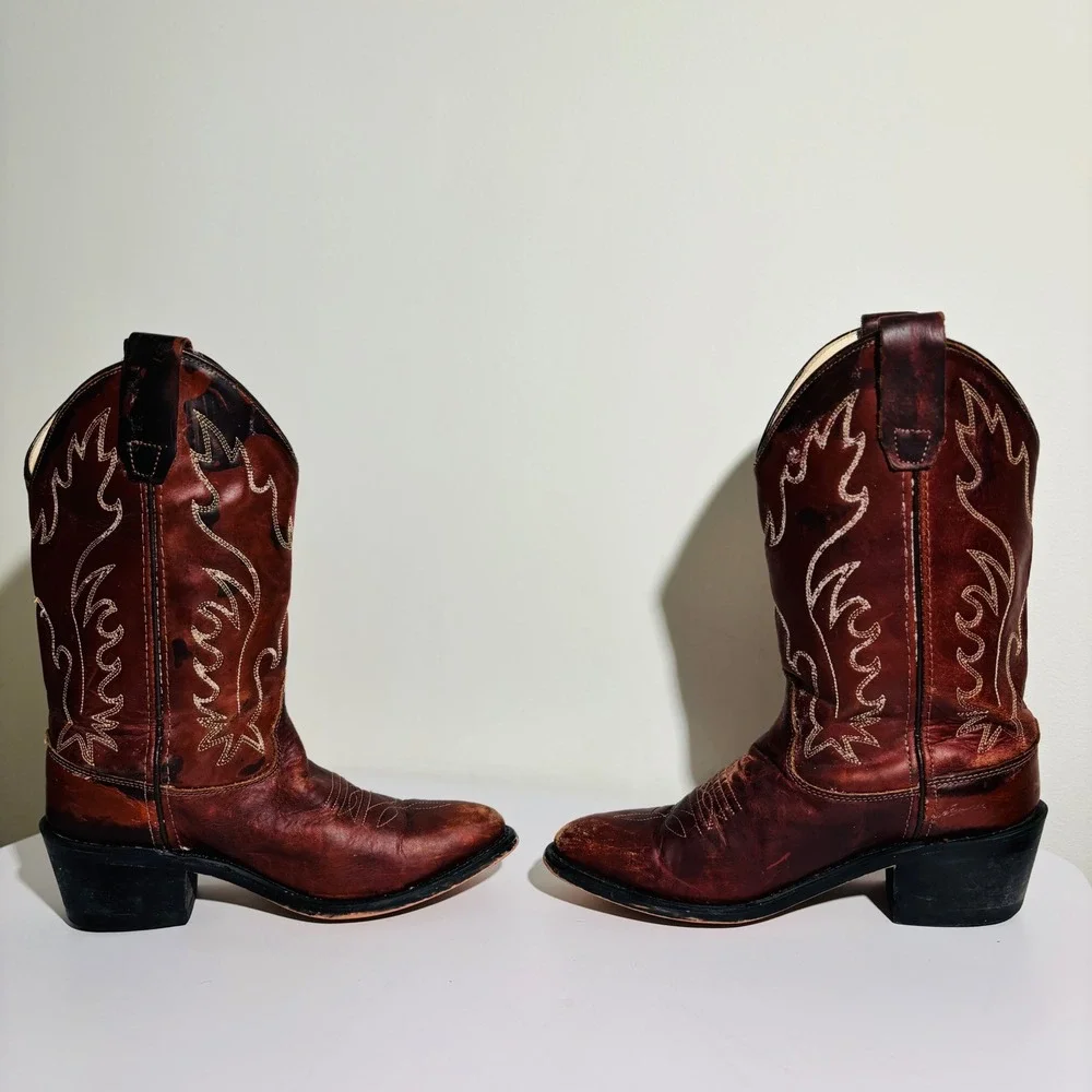 OLD‎ WEST CALF YOUTH WESTERN LEATHER BOOTS SIZE 4.5 - CCY8152G